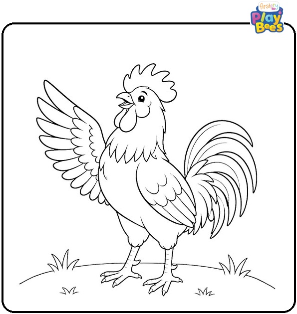 Rooster with Raised Wing Coloring Page Rooster with Raised Wing Coloring Page