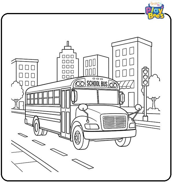 School Bus Driving Through a City Coloring Page School Bus Driving Through a City Coloring Page