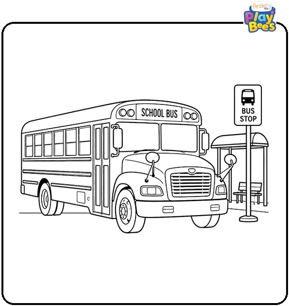 School Bus at Bus Stop Coloring Page School Bus at Bus Stop Coloring Page