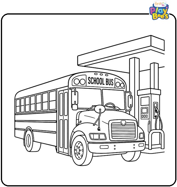 School Bus at Gas Station Coloring Page School Bus at Gas Station Coloring Page