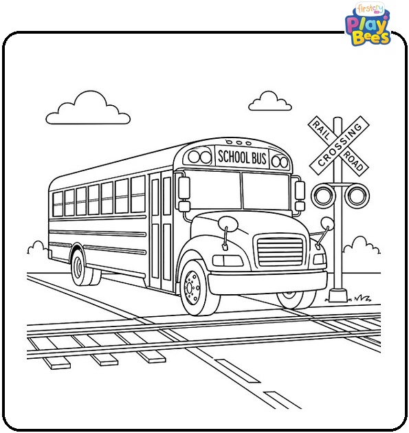 School Bus at Railroad Crossing Coloring Page School Bus at Railroad Crossing Coloring Page
