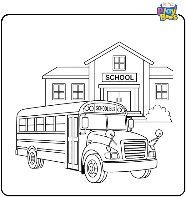 School Bus at School Building Coloring Page School Bus at School Building Coloring Page