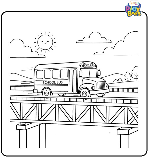 School Bus on Bridge Coloring Page School Bus on Bridge Coloring Page