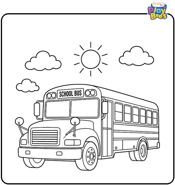 School Bus with a Sun and Clouds Coloring Page School Bus with a Sun and Clouds Coloring Page