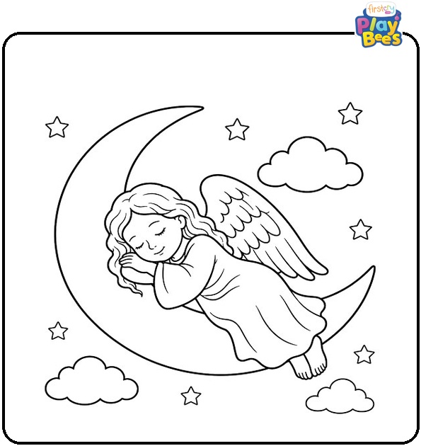 Sleeping Angel on a Crescent Moon Coloring Page Sleeping Angel on a Crescent Moon Coloring Page