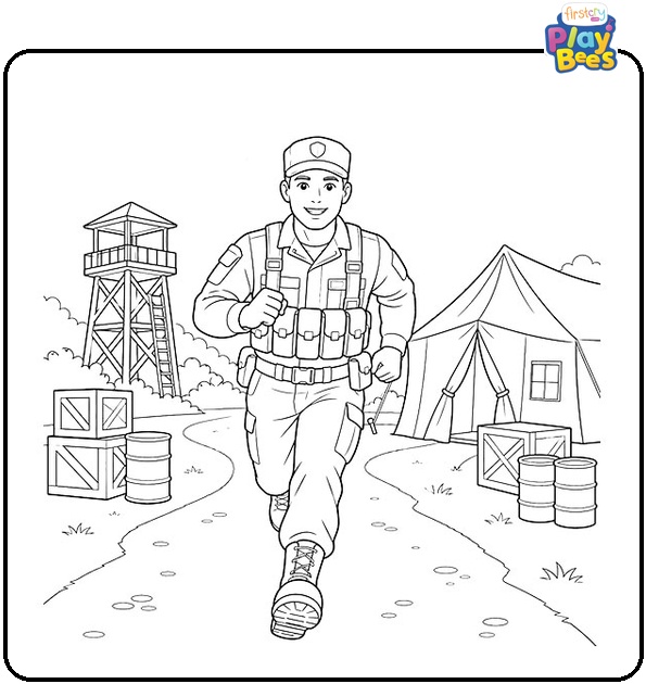 Soldier Running Through Camp Coloring Page Soldier Running Through Camp Coloring Page