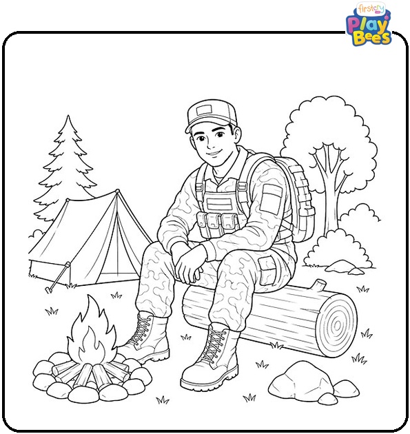 Soldier Sitting by Campfire Coloring Page Soldier Sitting by Campfire Coloring Page