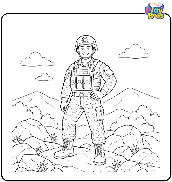Soldier Standing on Rocky Terrain Coloring Page Soldier Standing on Rocky Terrain Coloring Page