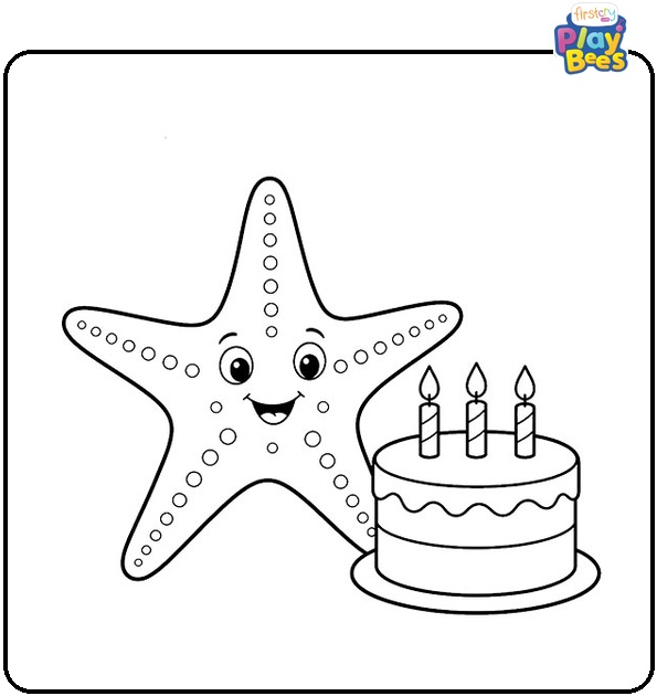 Starfish with Birthday Cake Coloring Page Starfish with Birthday Cake Coloring Page