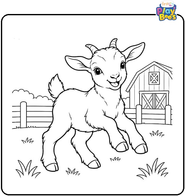 Baby Goat Playing on a Farm Coloring Page