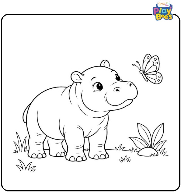 Baby Hippo Staring at a Butterfly Coloring Page Baby Hippo Staring at a Butterfly Coloring Page