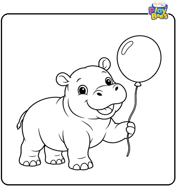 Baby Hippo With a Balloon Coloring Page Baby Hippo With a Balloon Coloring Page