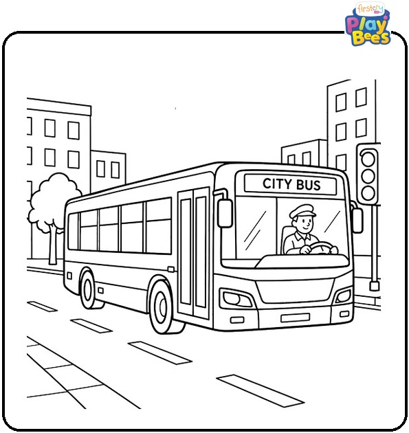 Bus Driving on a City Street Coloring Page