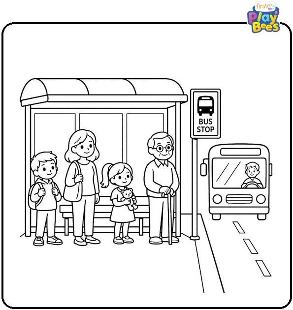 Bus Stop With Waiting Passengers Coloring Page