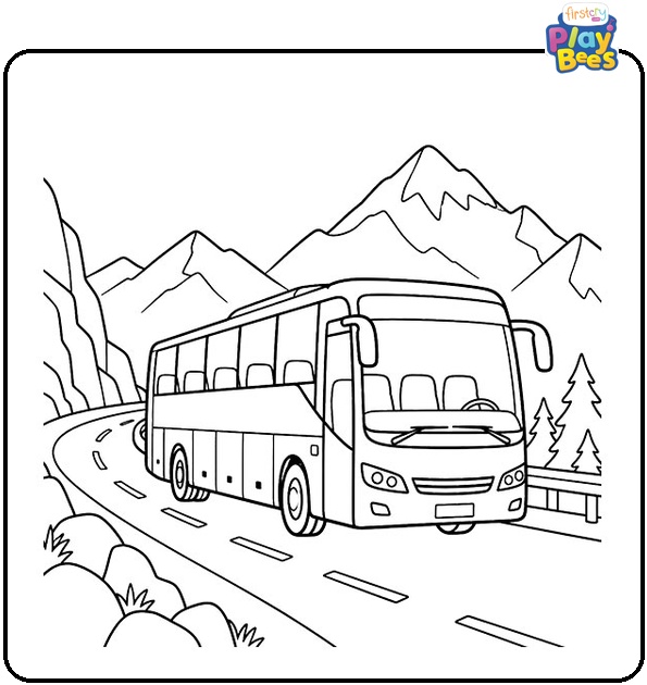 Bus Traveling Through the Mountains Coloring Page