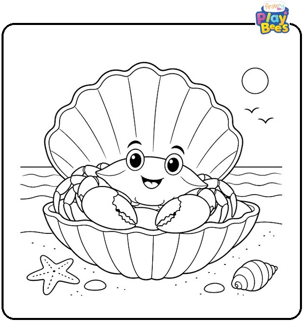 Crab in a Seashell Bed Coloring Page