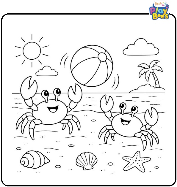 Crabs with Beach Ball Coloring Page
