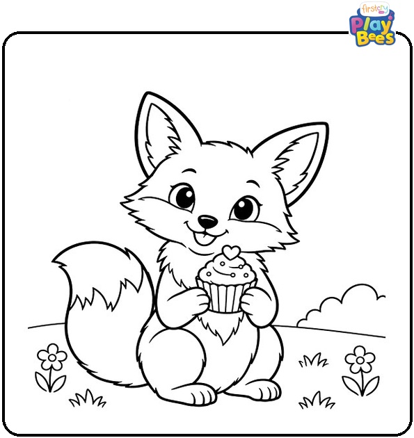 Fox Holding a Cupcake Coloring Page