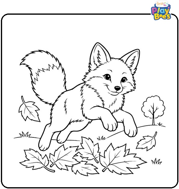 Fox Jumping Through the Fall Leaves Coloring Page
