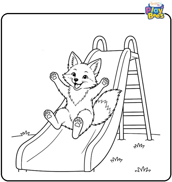 Fox Sliding on a Big Slide Coloring Page