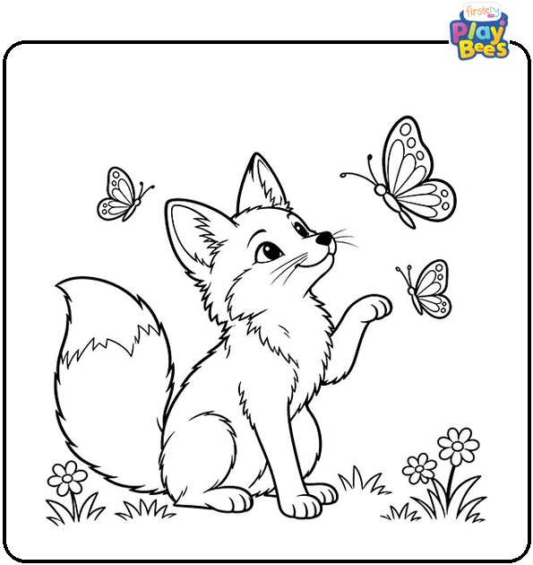 Fox and Butterflies Coloring Page