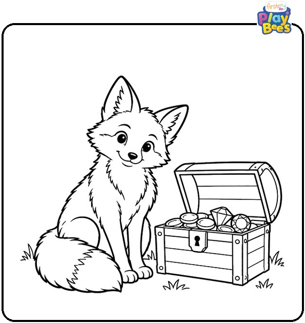 Fox and a Treasure Chest Coloring Page