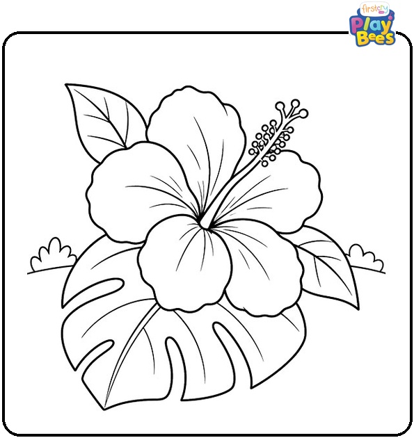 Hibiscus on a Tropical Leaf Coloring Page Hibiscus on a Tropical Leaf Coloring Page