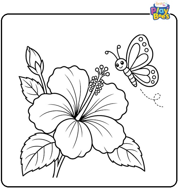 Hibiscus with Butterfly Coloring Page Hibiscus with Butterfly Coloring Page