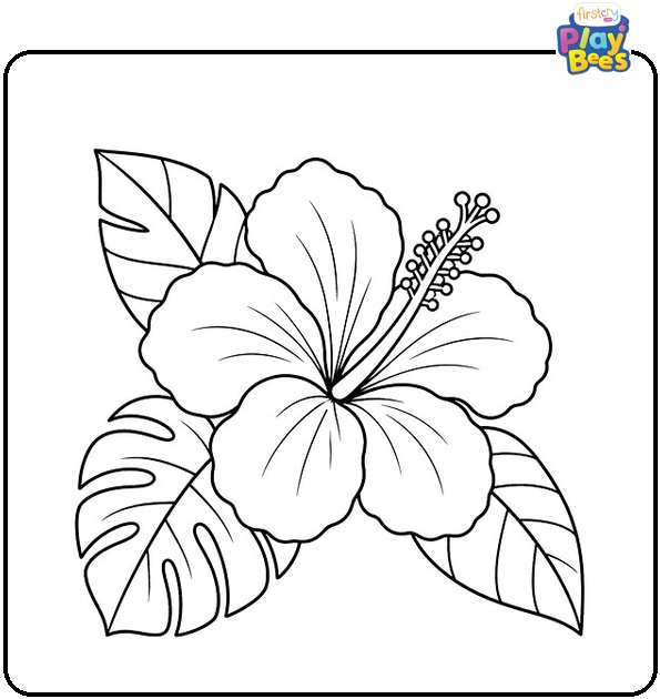 Hibiscus with Tropical Leaves Coloring Page Hibiscus with Tropical Leaves Coloring Page