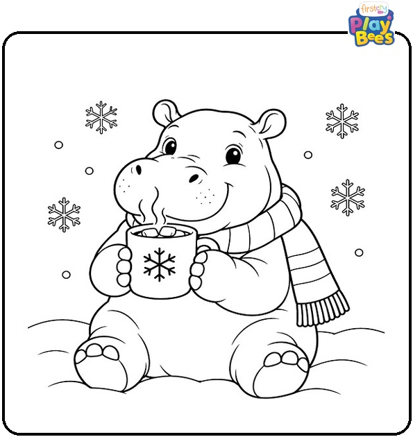 Hippo Drinking Hot Cocoa in Winter Coloring Page Hippo Drinking Hot Cocoa in Winter Coloring Page