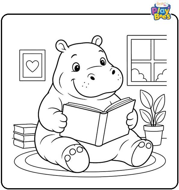Hippo Reading a Book Coloring Page Hippo Reading a Book Coloring Page