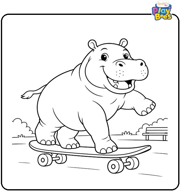 Hippo Riding a Skateboard Coloring Page Hippo Riding a Skateboard Coloring Page