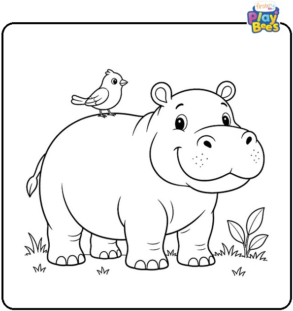 Hippo With a Bird on Its Back Coloring Page Hippo With a Bird on Its Back Coloring Page