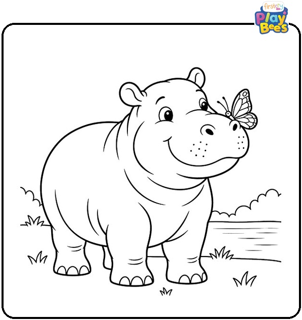 Hippo With a Butterfly on Its Nose Coloring Page Hippo With a Butterfly on Its Nose Coloring Page