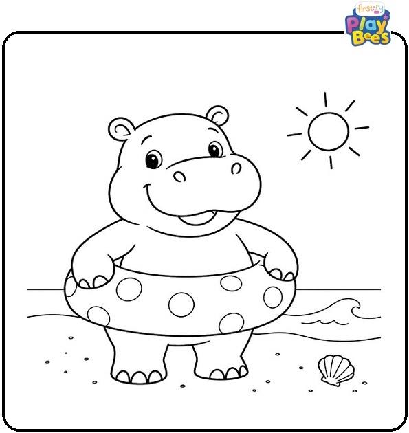 Hippo With a Floatie at the Beach Coloring Page Hippo With a Floatie at the Beach Coloring Page