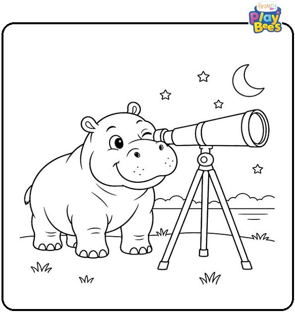 Hippo With a Telescope Coloring Page Hippo With a Telescope Coloring Page
