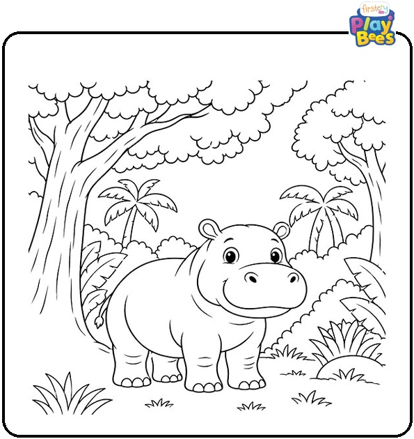Hippo in the Jungle Coloring Page Hippo in the Jungle Coloring Page