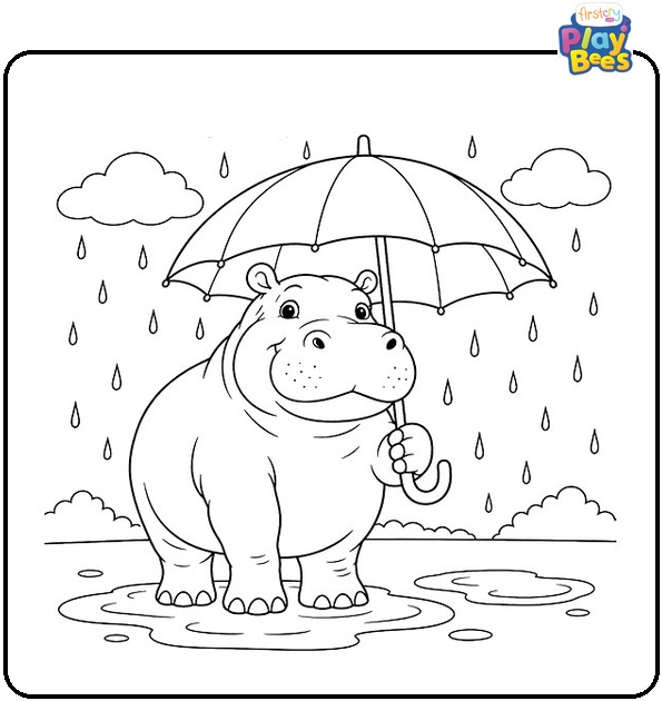 Hippo in the Rain With an Umbrella Coloring Page Hippo in the Rain With an Umbrella Coloring Page