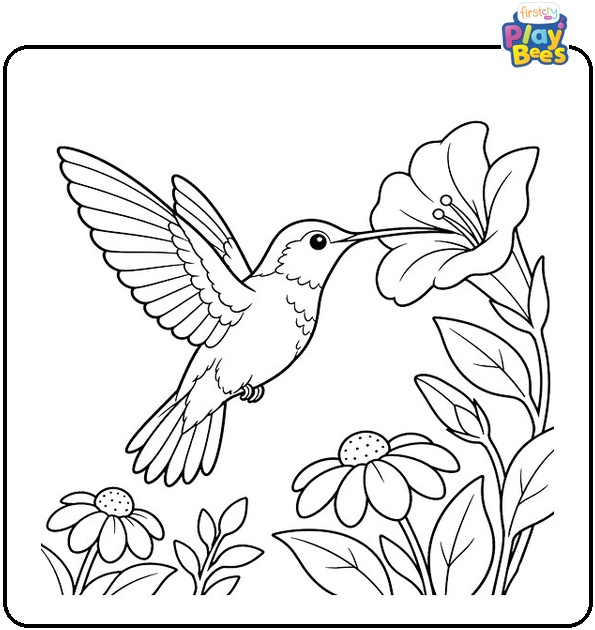 Hummingbird Garden Scene Coloring Page