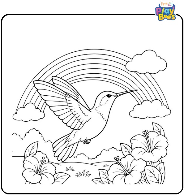 Hummingbird Under a Rainbow Coloring Page