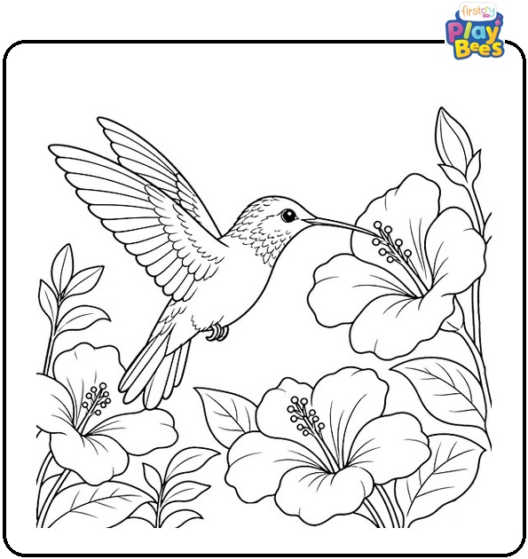 Hummingbird in a Flower Garden Coloring Page