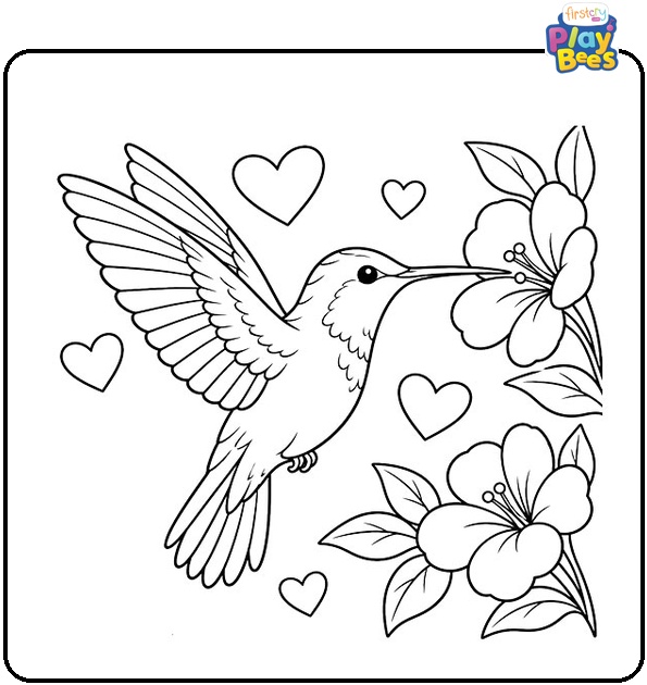 Hummingbird with Hearts and Flowers Coloring Page