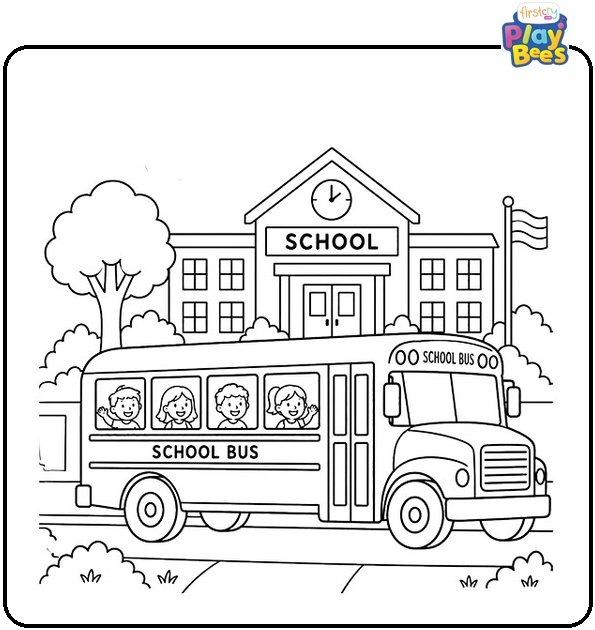School Bus Outside a School Coloring Page
