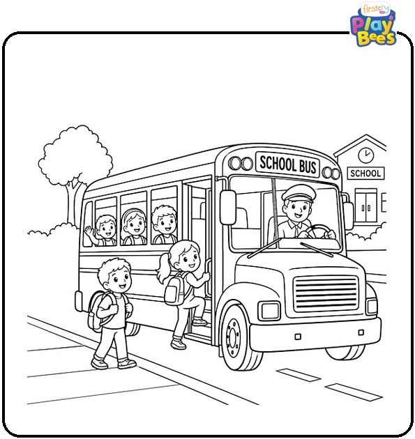 School Bus Picking Up Children Coloring Page