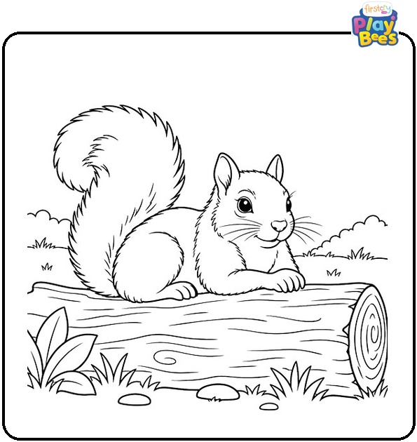 Squirrel Resting on a Log Coloring Page