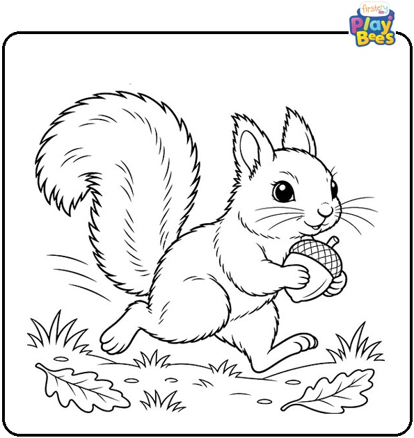 Squirrel Running With an Acorn Coloring Page