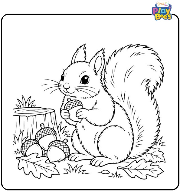 Squirrel With Acorns and Fall Leaves Coloring Page