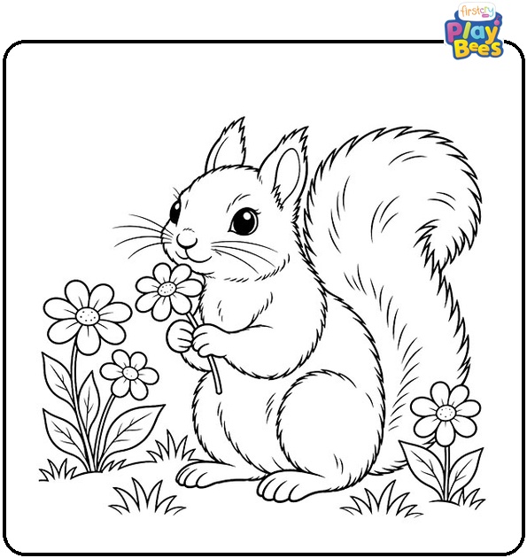 Squirrel With Flowers Coloring Page