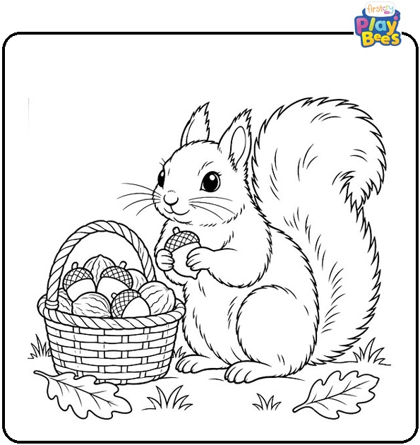 Squirrel With a Basket of Nuts Coloring Page