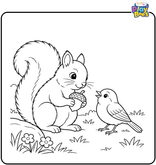 Squirrel and Bird Coloring Page